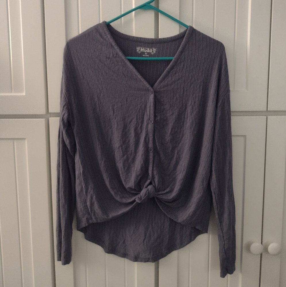 Women's Blue Long Sleeves Tie Button Up Shirt